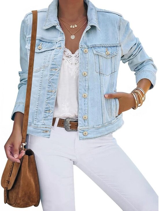 Jackets & Blazers - Women's Light Blue Cotton Button Down Stretch Fitted Long Sleeve Jean Jacket